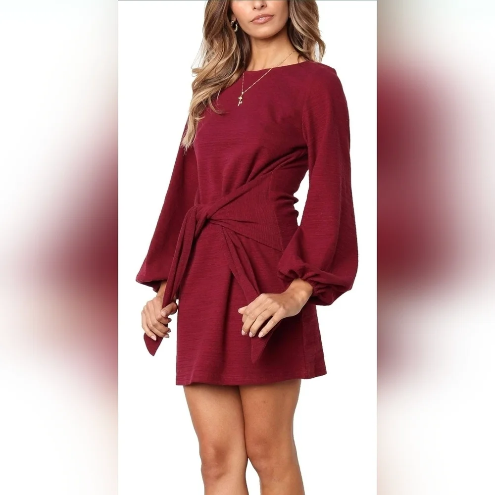 R.Vivimos Burgundy Tie Waist Sweater Dress